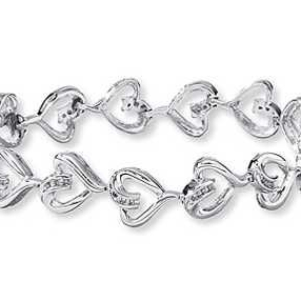 Swirly Diamond and Heart Sterling Silver Bracelet